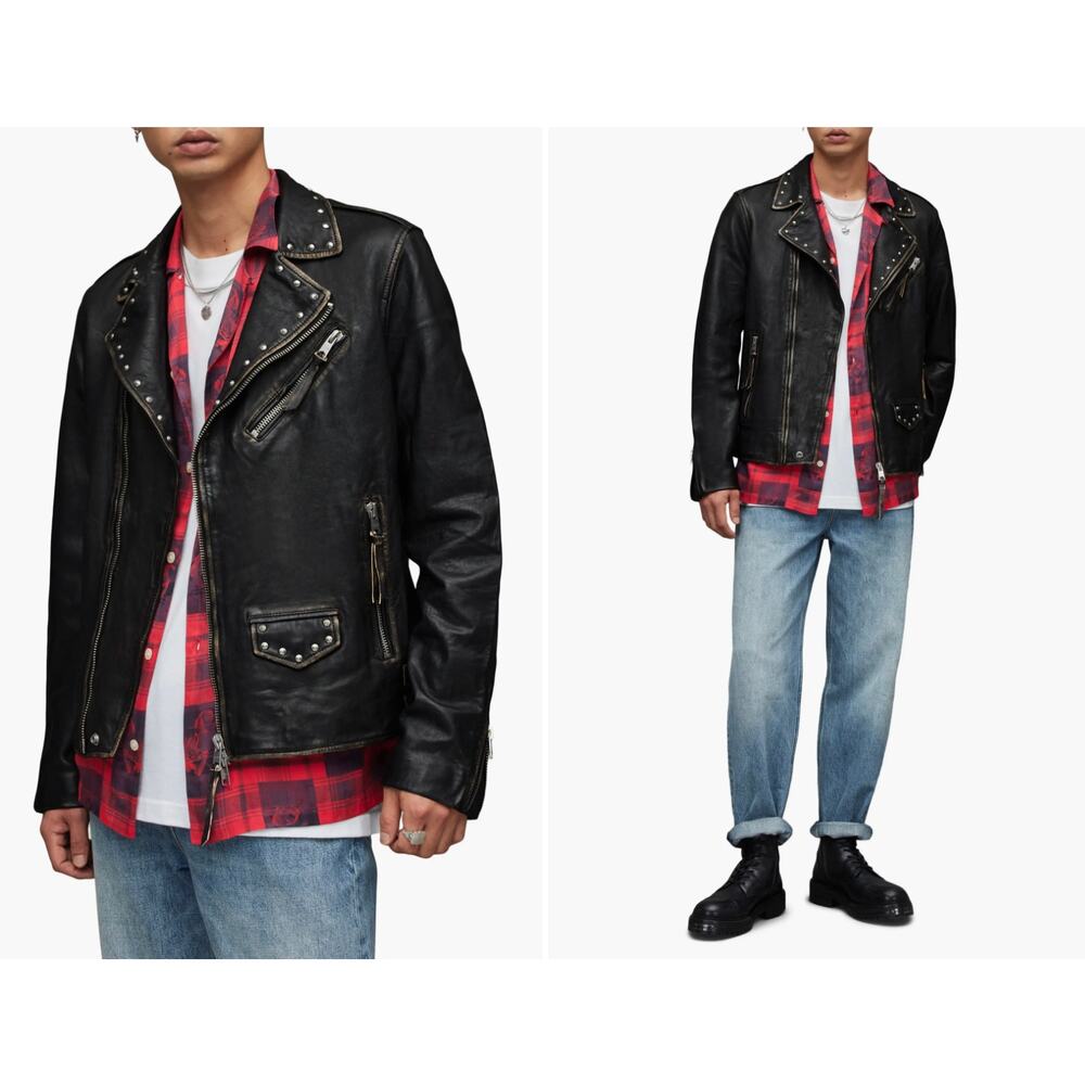 ALLSAINTS Luke Biker Jacket In Black Studded Moto‎ Zip XXL NEW